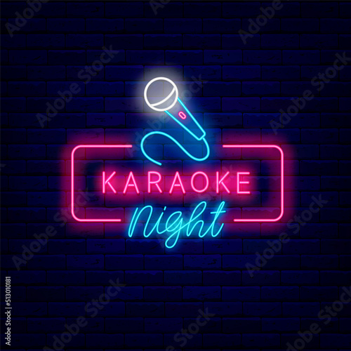 Karaoke night neon signboard. Microphone in frame. Talent show. Celebration idea. Song singer. Vector stock illustration