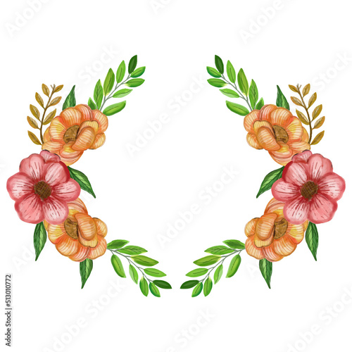Fototapeta Naklejka Na Ścianę i Meble -  Watercolor flower wreath frame isolated on white background. watercolor flowers collection in the vase