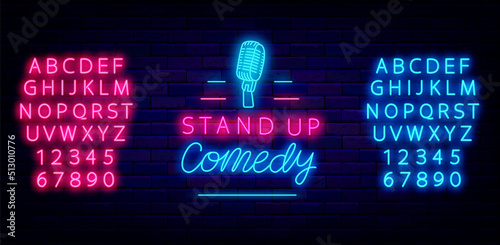 Stand up comedy neon signboard. Blue microphone. Comic show. Shiny blue and pink alphabet. Vector illustration