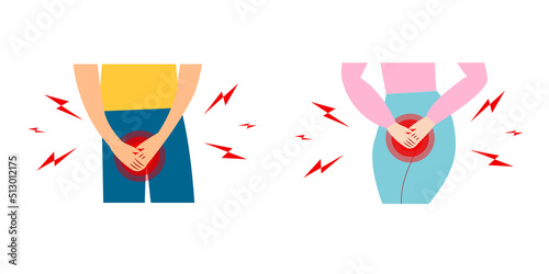 Urinary incontinence problem. Man and women hands holding his crotch, Male gender and female want to pee all the time. Isolated on white background. Vector illustration.