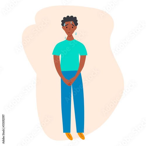 Urinary incontinence problem. The young african american man wants to pee. The guy feels pain in his groin. Experiencing pain. Flat vector illustration.