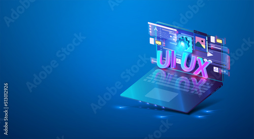Mobile UI/UX development design concept neon design of mobile applications. Laptop with interface elements on a blue background. Innovations and technologies. Set of tools for creating user interface