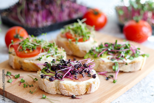Tasty toasts or bruschetta with microgreens on the table. Healthy, vegan food and dieting concept. Selective focus, close-up