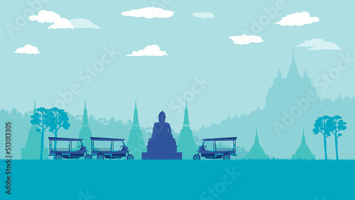 Fényképezés flat cartoon of tuk tuk (traditional taxi) and pagoda and temple at Thailand