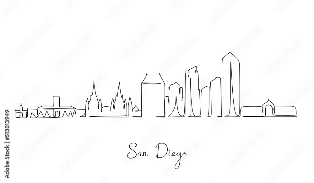 One single line drawing of San Diego city skyline, United States. Historical landscape in world. Best holiday destination poster. Editable stroke trendy continuous line draw design vector illustration