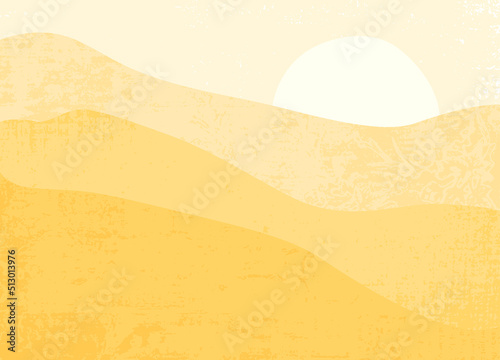 An abstract desert landscape of rolling sands and sun, in a cut paper style with textures
