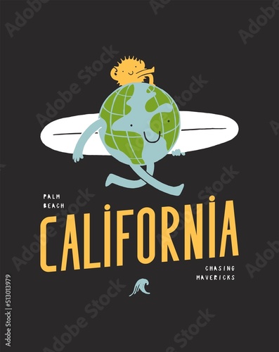 Earth planet character walking with surfboard and with little sun character on it's head. Vintage typography surfing t-shirt print vector illustration.
