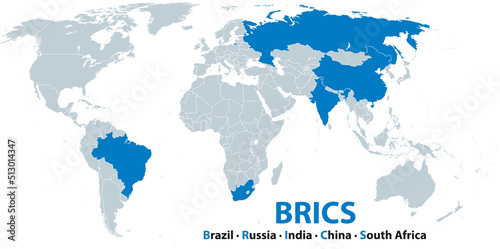 BRICS  member states  political map. Acronym coined to associate the five major emerging economies in the world  the countries Brazil  Russia  India  China  PRC   and South Africa. Illustration.