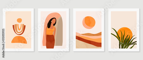 Set of abstract foliage wall art vector. Leaves, organic shapes,earth tone, leaf branch, woman in line art style. Botanical wall decoration collection design for interior, poster, cover, banner.
