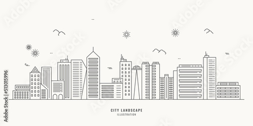 Cityscape. Modern flat line landscape vector. City landscape line art illustration with building, tower, skyscrapers. Vector illustration.