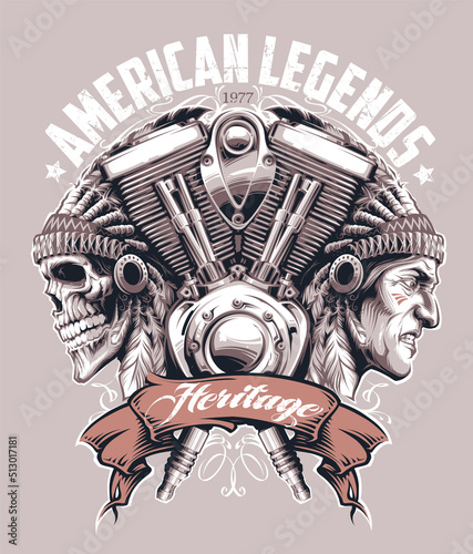 Vector Skull and Man in Indian headdresses and a motorcycle engine