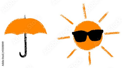 太陽と日傘とサングラス　紫外線　手描きテクスチャ