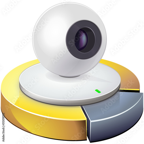 Spherical white webcam on a gold and silver pie chart (cut out)