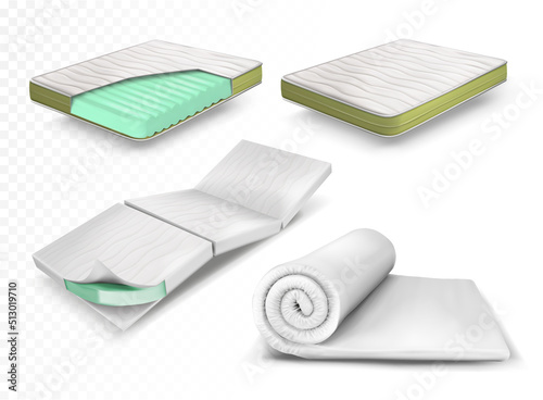 Mattress single isolated on white background, set of comfortable orthopedic mattress
