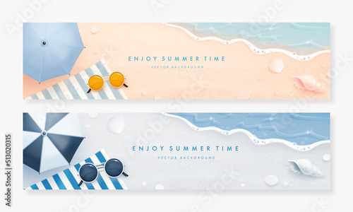 Set of beautiful horizontal banner design template with realistic summer elements on a beach background. Vector illustration