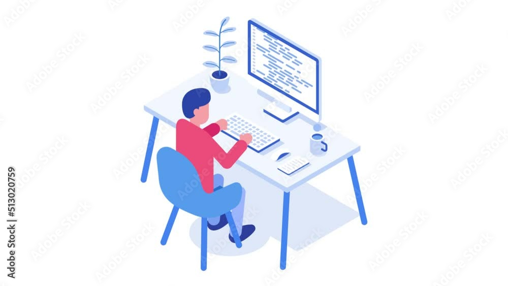 Male programmer at work concept. Man working on desktop computer. Looped animation. 4K resolution.