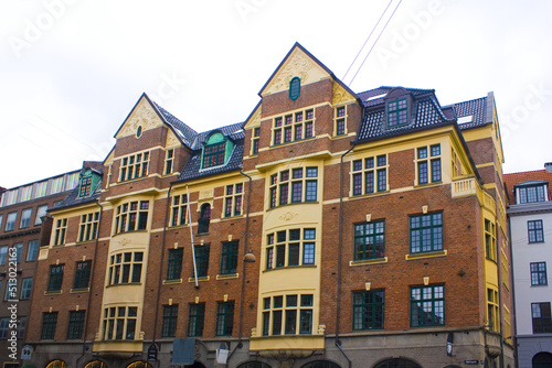 Beautiful red brick building at Stroget street in Copenhagen, Denmark