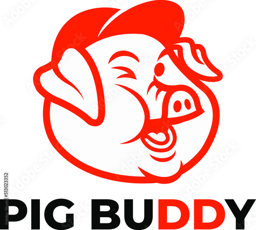 Cute Chubby Pig Wearing Cap Monoline Outline Logo Vector Icon Illustration