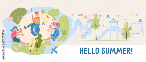 Hello summer banner or flyer design with happy children on swing, flat cartoon vector illustration. Kids camp and summer entertainments promo banner layout.