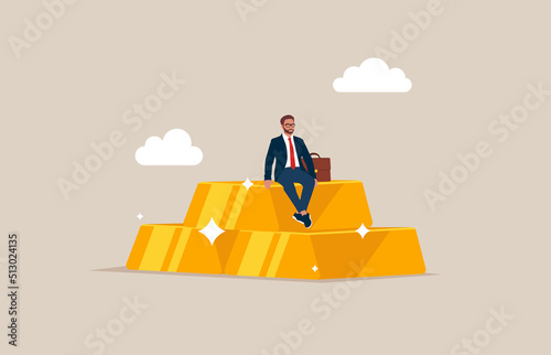 Success wealth manager, trader or rich investor sitting on stack of gold bar bullion. Gold investment, safe haven in financial crisis or wealth management and asset allocation.