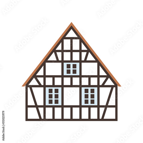 White half-timbered house. Flat facades vector illustration