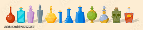 A collection of colorful glass bottles for potions, medicine or perfume