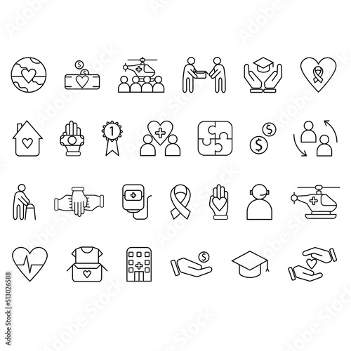 Vector thin line icons related with humanitarian causes - volunteering, adoption, donations, charity, non-profit organizations.