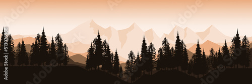 mountain forest landscape illustration in flat design style good for wallpaper, banner, background, backdrop, travel, hiking, adventure,  