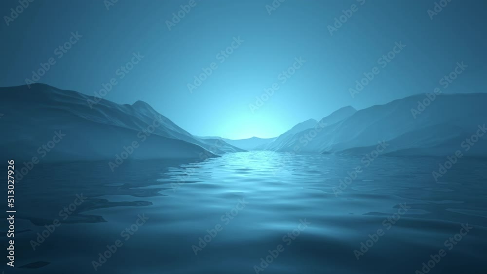 Blue Hazy 3D Rendered Terrain Landscape with Looping Calm Water Blue Hazy 3D Rendered Terrain Landscape with Looping Calm Water
