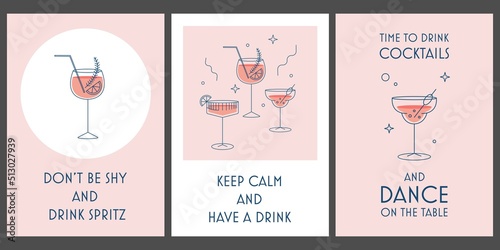 Vector set of postres cards with cocktails. Time to drink text. Posters collection in inimalistic style with drinks. Bar concept. Aperol spritz art. a4 printable template