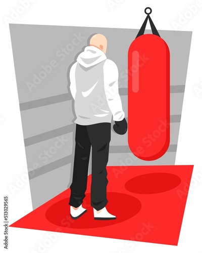 illustration of a man in a jacket with a punching bag. hitting practice, boxing ring, standing. suitable for boxing, sports, men, hobbies, etc. themes. flat vector.