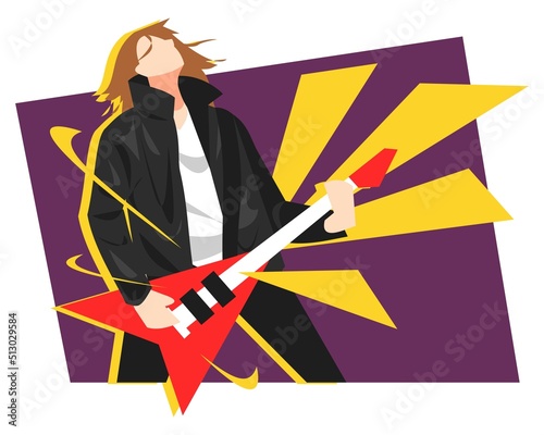 illustration of guitarist playing guitar, bass instrument. musician. rock star. purple and yellow background. themes of hobbies, work, music, bands, etc. flat vector.