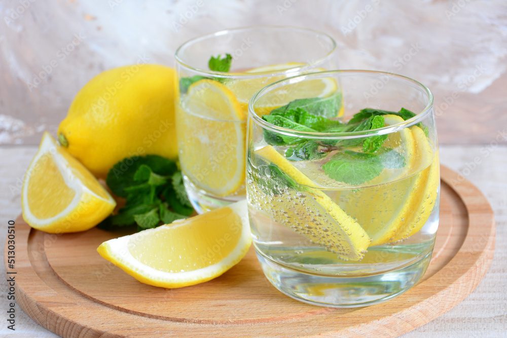 mineral water with lemon slices and mint leaves on beige background, close-up mineral water with lemon slices and mint leaves on beige background, close-up