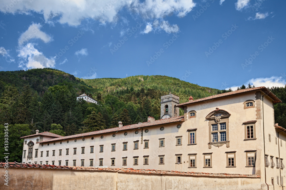 Vallombrosa, Reggello, Florence, Tuscany, Italy: the ancient abbey and monastery surrounded by forests in the Apennine mountains