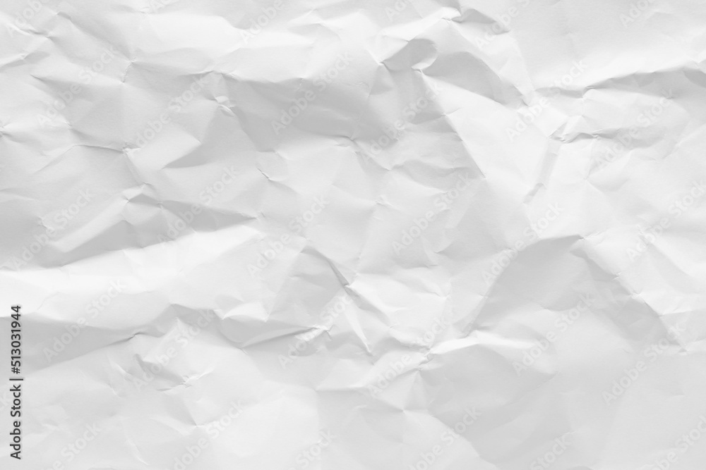 White crumpled paper texture background, clean white wrinkled paper, top view.