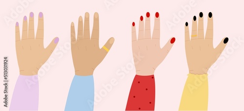 Women equality concept, break stereotype towards women.
Break the bias trendy illustration with woman hands together.
Female power and diversity.