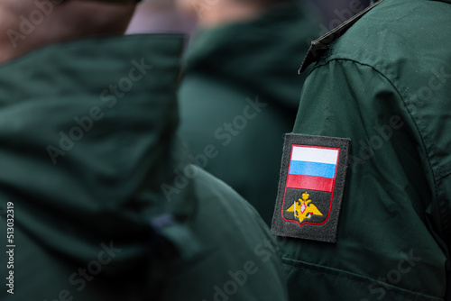 Russian soldiers. Russian army recruits. Russia Ministry of Defence emblem. Military chevron. Soldier uniform. Military service officers photo