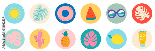 Set of colorful summer icons with tropical leaves, fruits, sunglasses, sun cream. Vector hand drawn. Modern summer set.