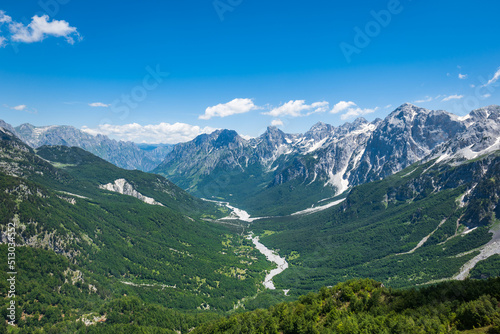 Fototapeta Naklejka Na Ścianę i Meble -  Albanian Alps view. Accursed Mountains landscape viewed from Valbona and Theth hiking trail in Albania, popular hiking trail in the Albanian Alps.