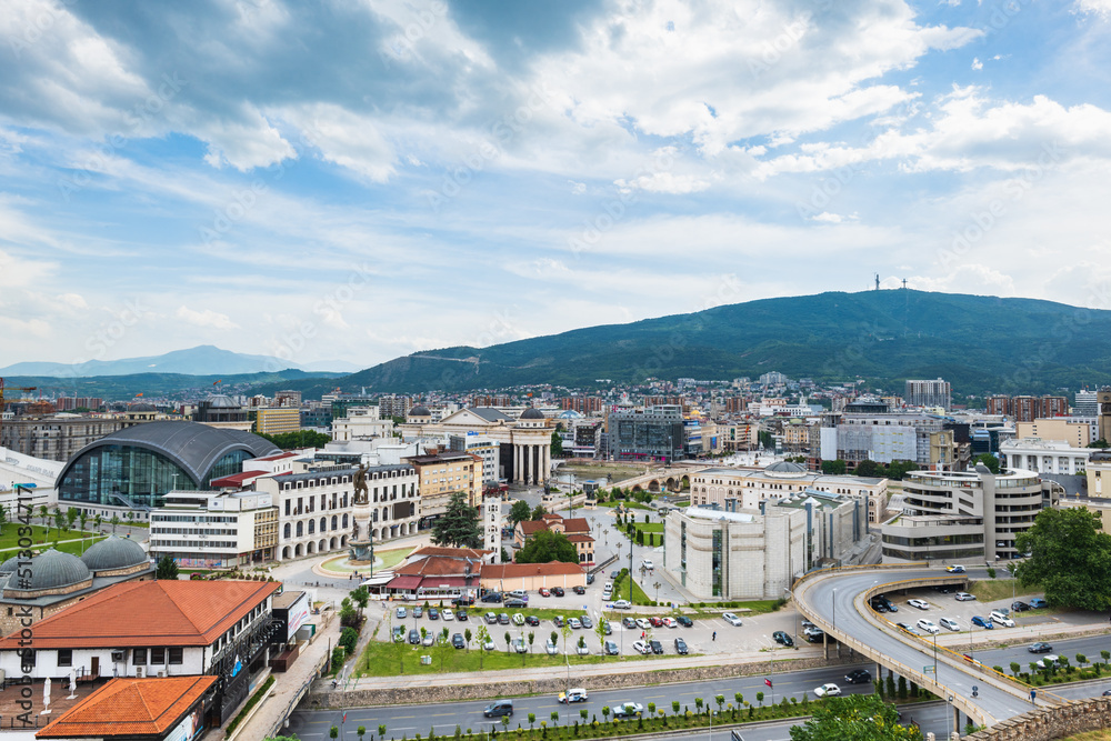 Skopje cityscape, the capital of North Macedonia, Europe.  Skopje aerial view of the city square and downtown from the fortress.