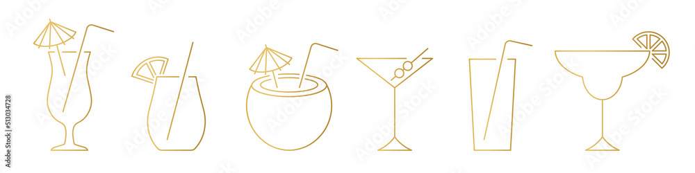 set of golden line icons of beverage, coctail,  juice, nonalcoholic drink with umbrella, straw, lemon and olives - vector illustration - obrazy, fototapety, plakaty 