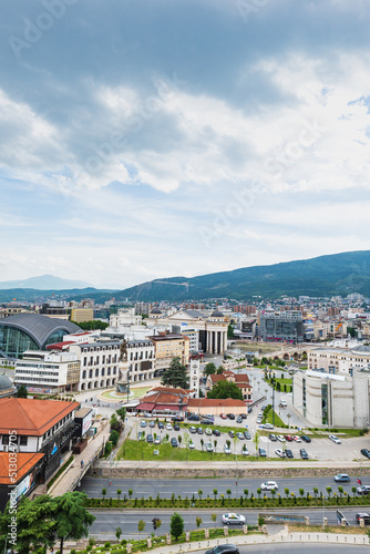 Skopje cityscape, the capital of North Macedonia, Europe. Skopje aerial view of the city square and downtown from the fortress.