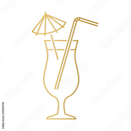 golden outline icon of beverage, coctail,  juice, nonalcoholic drink with umbrella and straw- vector illustration