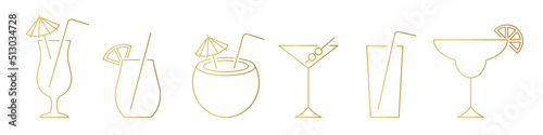 set of golden line icons of beverage, coctail, juice, nonalcoholic drink with umbrella, straw, lemon and olives - vector illustration