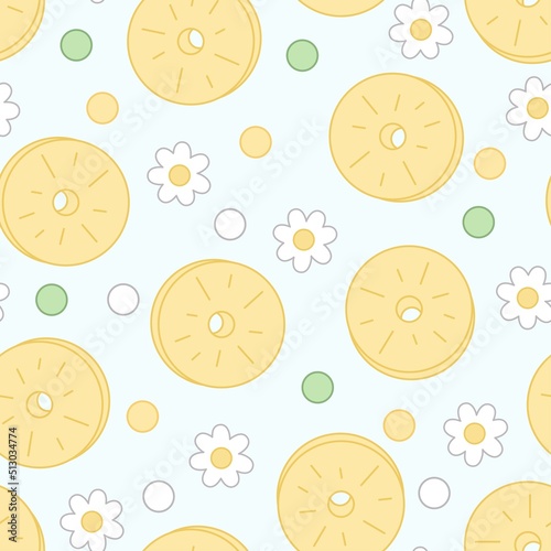 Seamless pattern of pineapple slices, flowers and dots in kawaii style on a light green background.