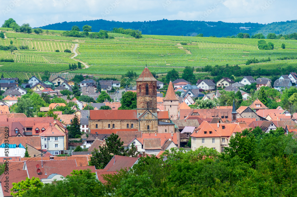 Rural landscape of Alsace in France. The small medieval town of Rosheim and its vineyard-covered hills.