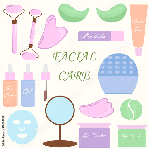 Facial skin care elements set, face massage and self care. Women's spa day. massage, eye patches.