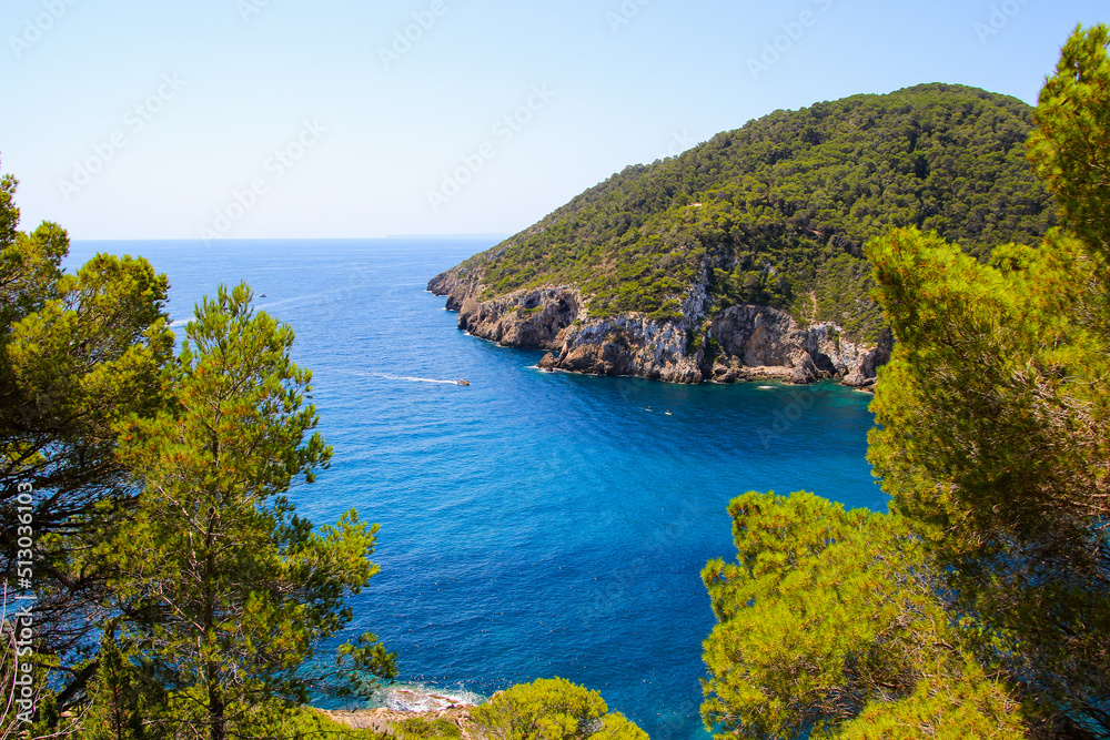 Mouth of the cove of Cala Llonga opening towards the Mediterranean Sea in the southeast of Ibiza in the Balearic Islands, Spain