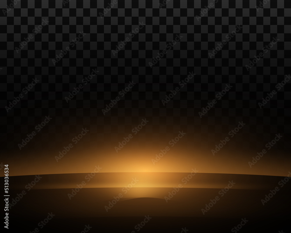 Golden neon flash, waves, explosion of light with glitter and dust on transparent background. Laser beams, horizontal light beams.