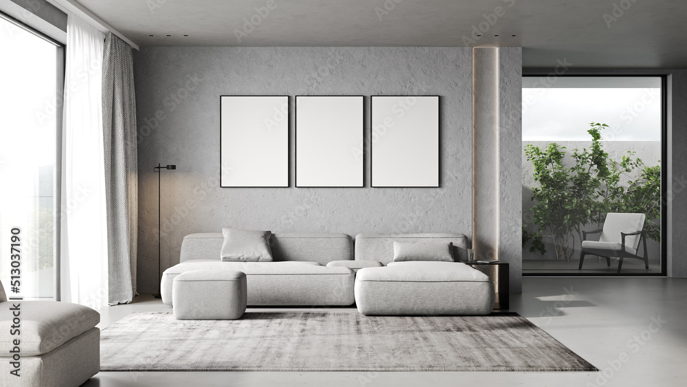 Empty poster frames on gray concrete wall in living room interior with modern furniture and big window, gray sofa, loft, 3d render Empty poster frames on gray concrete wall in living room interior with modern furniture and big window, gray sofa, loft, 3d render